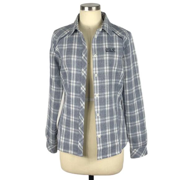 JACK WOLFSKIN Gray Plaid Slim Button Down Long Sleeve Travel Shirt Size Small - Picture 1 of 7
